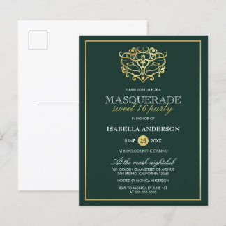 Emerald Green & Gold Masquerade Sweet 16 Party Einladungspostkarte