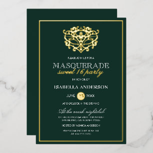 Emerald Green & Gold Masquerade Sweet 16 Party Folieneinladung
