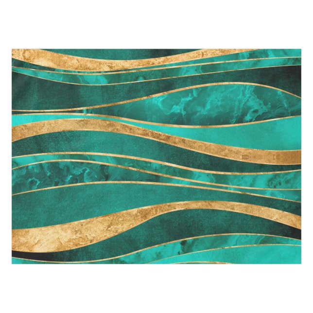 Emerald Green Gold Metallic Wavy Abstrakt Tischdecke (Vorderseite (Horizontal))