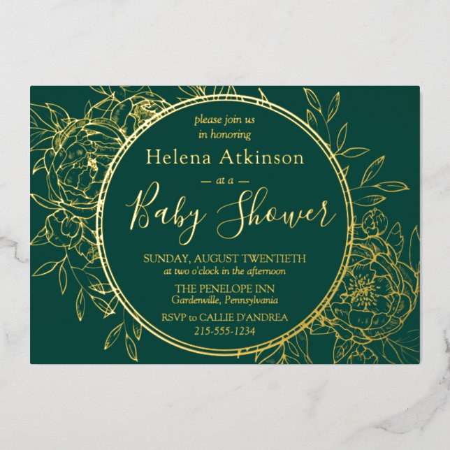 Emerald Green & Gold Modern Toile Baby Dusche Folieneinladung (Vorderseite)