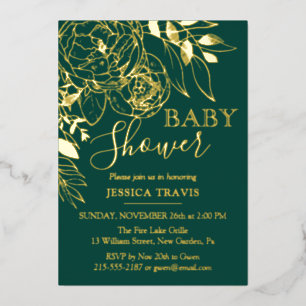 Emerald Green & Gold Moderne BlumenBaby-Dusche Folieneinladung