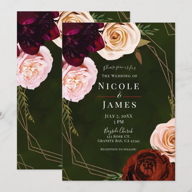 Emerald Green & Gold Moderne Dunkle Floral Wedding Einladung (Vorne/Hinten)
