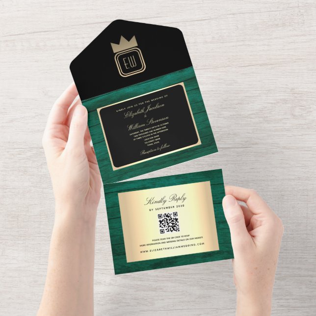 Emerald Green Gold Monogram Wedite Einladung (Abreißen)