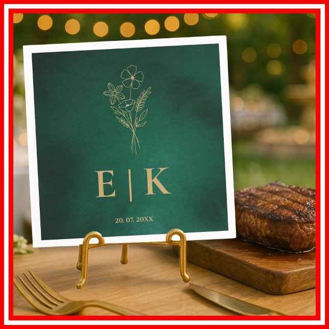 Emerald Green & Gold Monogram Wildflower Wedding Serviette (Von Creator hochgeladen)