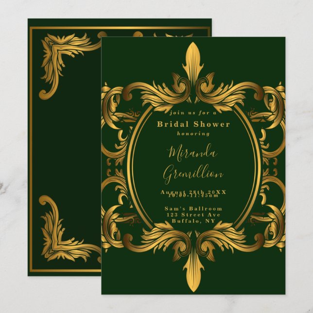 Emerald Green Gold Ornament Brautparty Einladung (Vorne/Hinten)