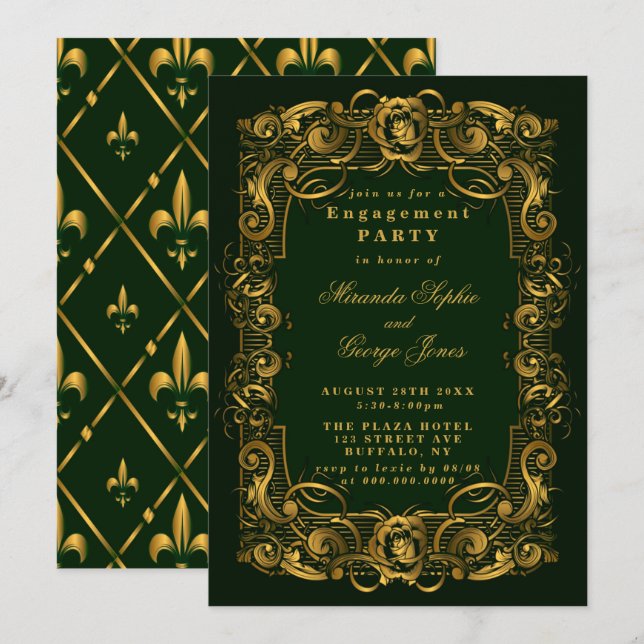 Emerald Green Gold Ornament Verlobung Einladung (Vorne/Hinten)