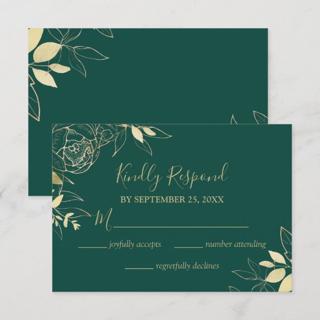 Emerald Green & Gold Peony Moderne Blumenhochzeit RSVP Karte (Vorne/Hinten)