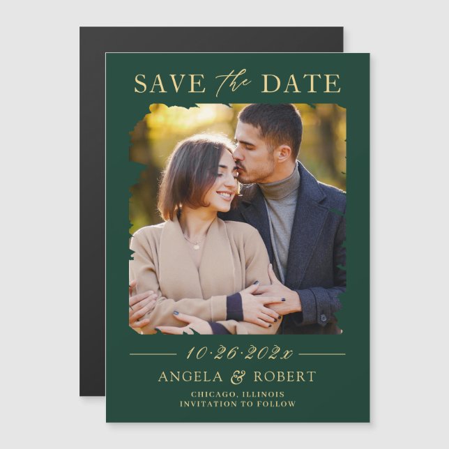 Emerald Green Gold Photo Save the Date Magnet (Devant / Derrière)