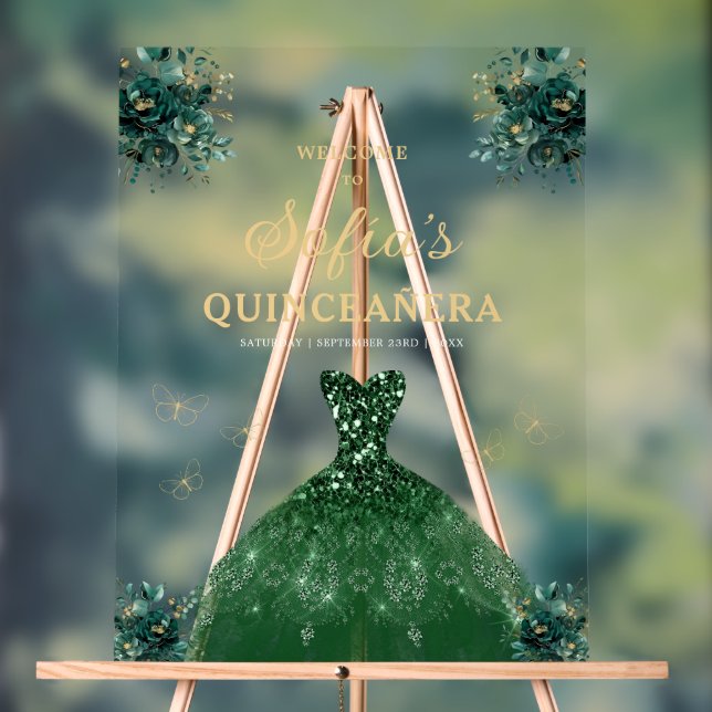 Emerald Green Gold Princess Quinceañera Willkommen Acrylschild (Neutral)