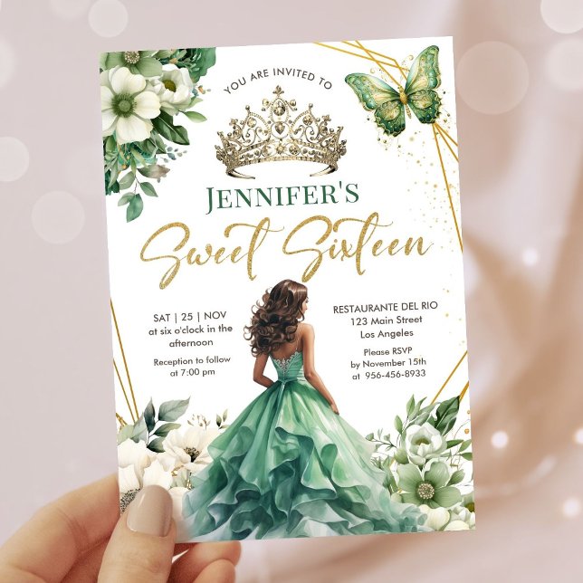 Emerald Green Gold Princess Tiara Floral Sweet 16 Einladung (Von Creator hochgeladen)