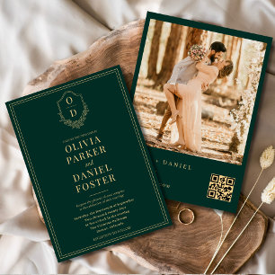Emerald Green Gold QR Code Wappen Foto Hochzeit Einladung