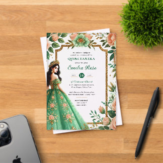 Emerald Green Gold Quinceanera Dress Blume Acryleinladungen