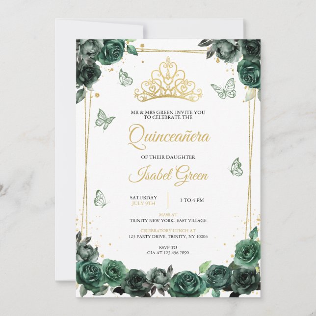 Emerald Green Gold Quinceañera Einladung (Vorderseite)