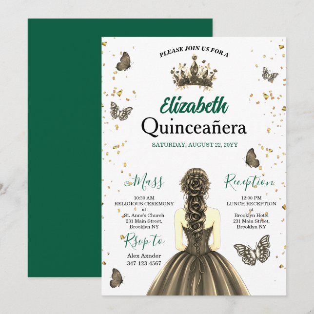 Emerald Green Gold Quinceañera Invitation (Devant / Derrière)