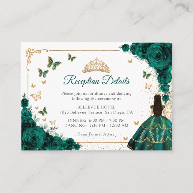 Emerald Green Gold Quinceanera Reception Details Begleitkarte (Vorderseite)