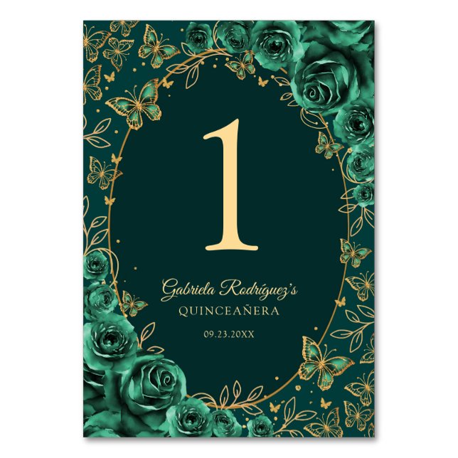 Emerald Green Gold Quinceanera Tischnummer (Vorderseite)