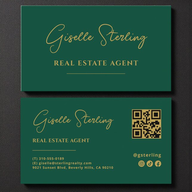 Emerald Green & Gold Real Anwesen Agent QR Code Visitenkarte (Von Creator hochgeladen)