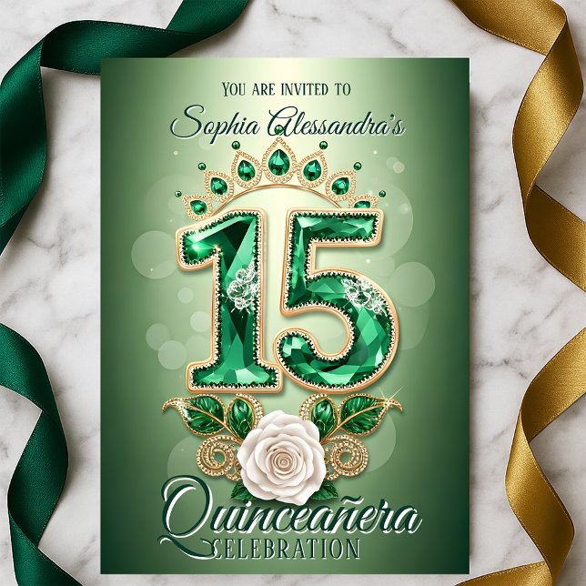 Emerald Green & Gold Regal Tiara Rose Quinceañera Einladung (Von Creator hochgeladen)