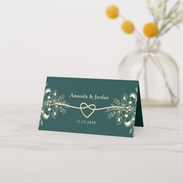 Emerald Green Gold Rope Heart Wedding Platzkarte (Rückseite)
