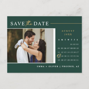 Emerald Green Gold Save the Date Calendar QR-Code Postkarte
