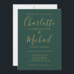Emerald Green Gold Script Einladung<br><div class="desc">Diese elegante Hochzeitseinladung mit ihren charakteristischen Stilnamen kann mit Ihren Informationen in edlen Goldschriften auf smaragdgrünem Hintergrund personalisiert werden. Entwickelt von Thisisnotme©</div>