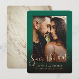 Emerald Green Gold Script & Marble Foto Overlay Save The Date