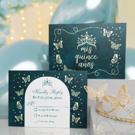 Emerald Green Gold Tiara Butterflies Quinceañera RSVP Karte