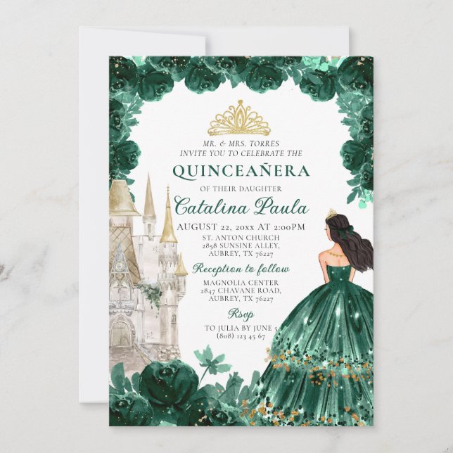 Emerald Green Gold Tiara Princess Quinceañera Einladung (Vorderseite)