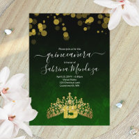 Emerald Green, Gold Tiara Quinceanera Invitation
