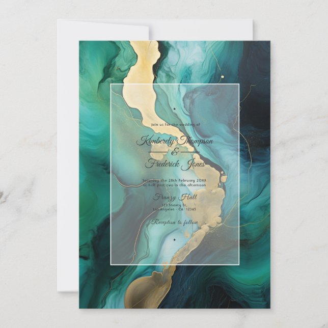 Emerald Green, Gold und Black Ink Wedding Einladung (Vorderseite)