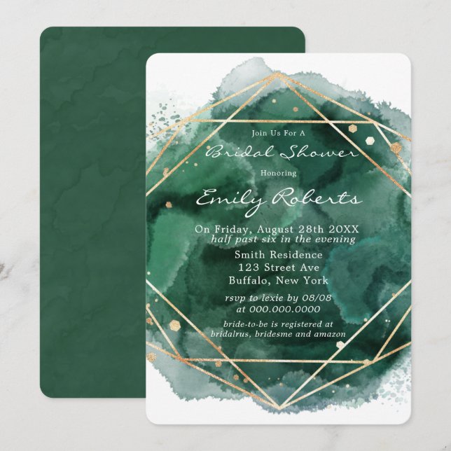 Emerald Green Gold Watercolor-Brautparty Einladung (Vorne/Hinten)