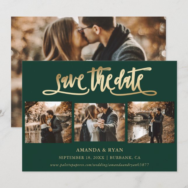 Emerald Green Gold Wedding 4 Foto Save the Date (Vorne/Hinten)