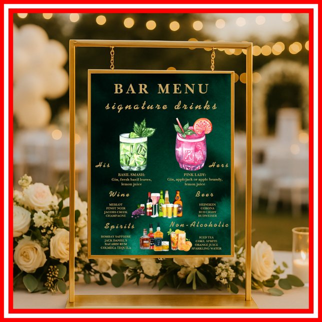  Emerald Green & Gold Wedding Bar Menu  Poster (Von Creator hochgeladen)