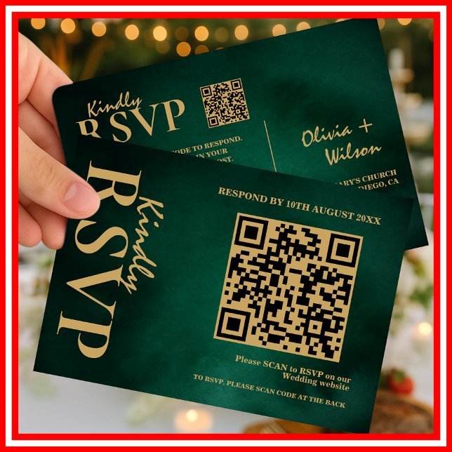 Emerald Green & Gold Wedding QR Code UAWG RSVP Karte (Von Creator hochgeladen)