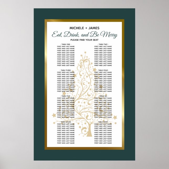 Emerald Green Gold Winter Wedding Chart Poster (Vorne)