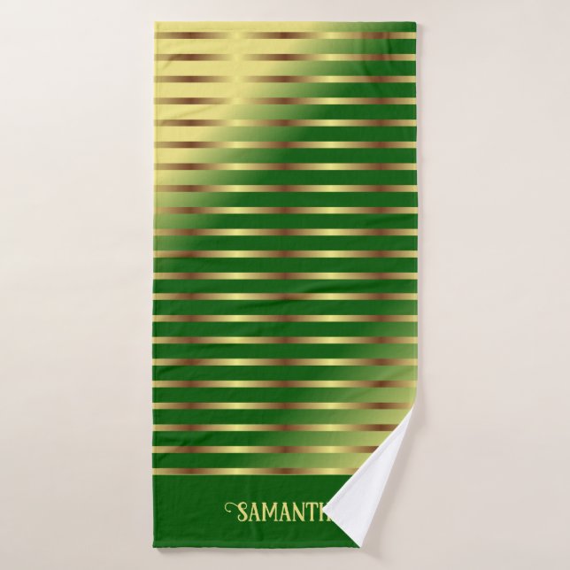 Emerald Green Golden Stripes Nom géométrique (Serviette de bain)