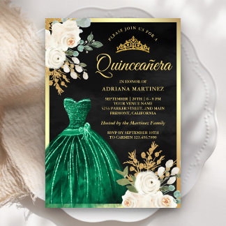 Emerald Green Gown Floral Black Gold Quinceanera Einladung