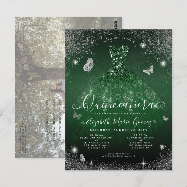 Emerald Green Gown Silver Foto Quinceanera Postkarte (Vorne/Hinten)