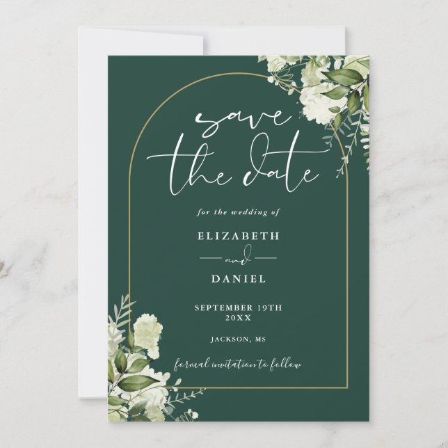 Emerald Green Greenery Gold Arch QR Code Wedding Save The Date (Vorderseite)