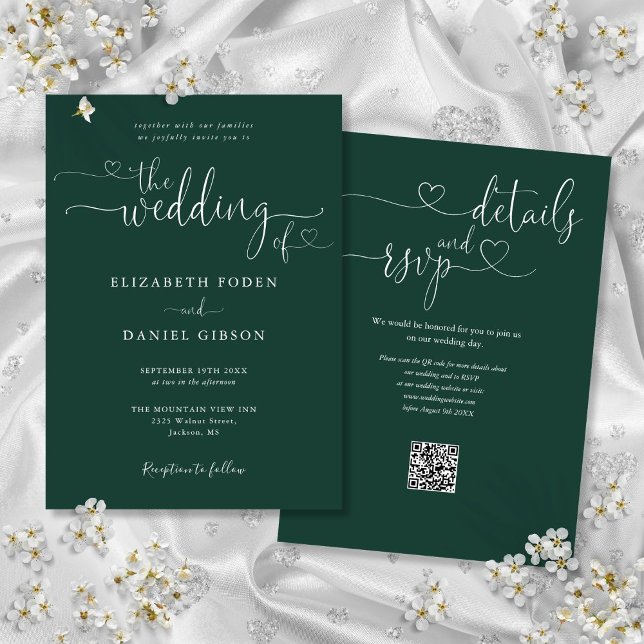 Emerald Green Heart Script QR Code Wedding Einladung (Emerald Green Heart Script QR Code Wedding Invitation)