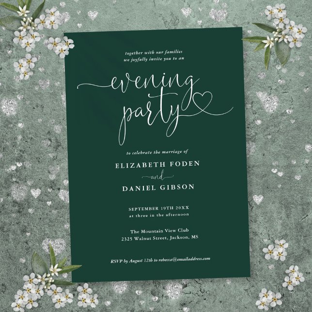 Emerald Green Heart Script Wedding Abend Party Einladung (Emerald Green Heart Script Wedding Evening Party Invitation)