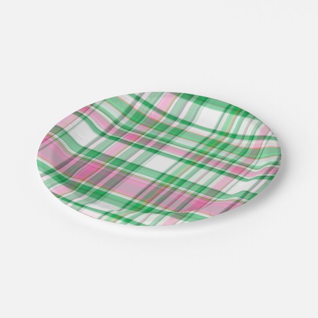 Emerald Green, Hot Pink, White Preppy Madras Karie Pappteller (Schrägansicht)