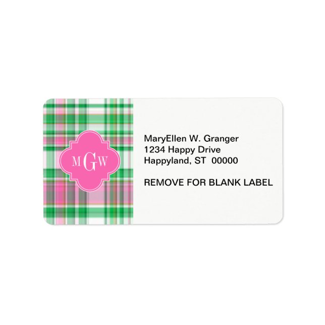 Emerald Green Hot Pink Whppy Madras Monogram Adressaufkleber (Vorne)