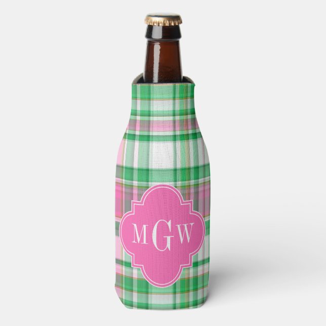 Emerald Green Hot Pink Whppy Madras Monogram Flaschenkühler (Flaschenvorderseite)