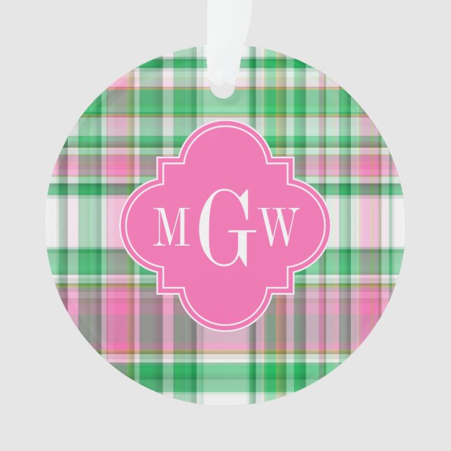 Emerald Green Hot Pink Whppy Madras Monogram Ornament (Vorderseite)