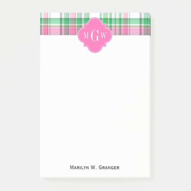 Emerald Green Hot Pink Whppy Madras Monogram Post-it Klebezettel (Vorderseite)