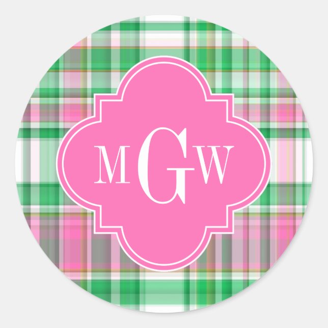 Emerald Green Hot Pink Whppy Madras Monogram Runder Aufkleber (Vorderseite)