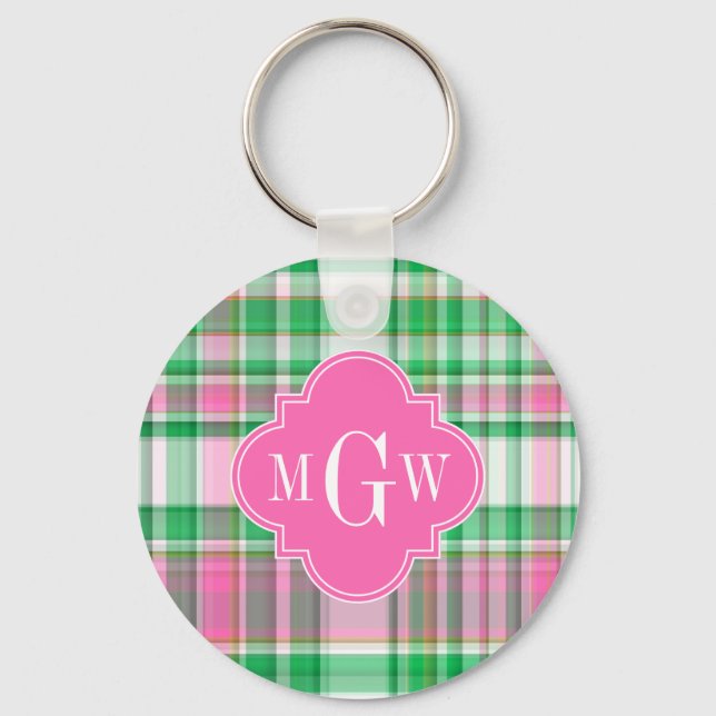 Emerald Green Hot Pink Whppy Madras Monogram Schlüsselanhänger (Vorderseite)