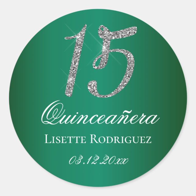 Emerald Green Imitats Glitzer 15 Quinceanera Runder Aufkleber (Vorderseite)