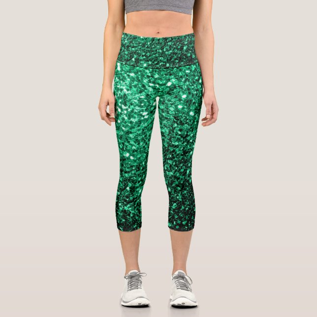 Emerald Green Imitats Glitzer Glitzern Capri Leggings (Vorderseite)